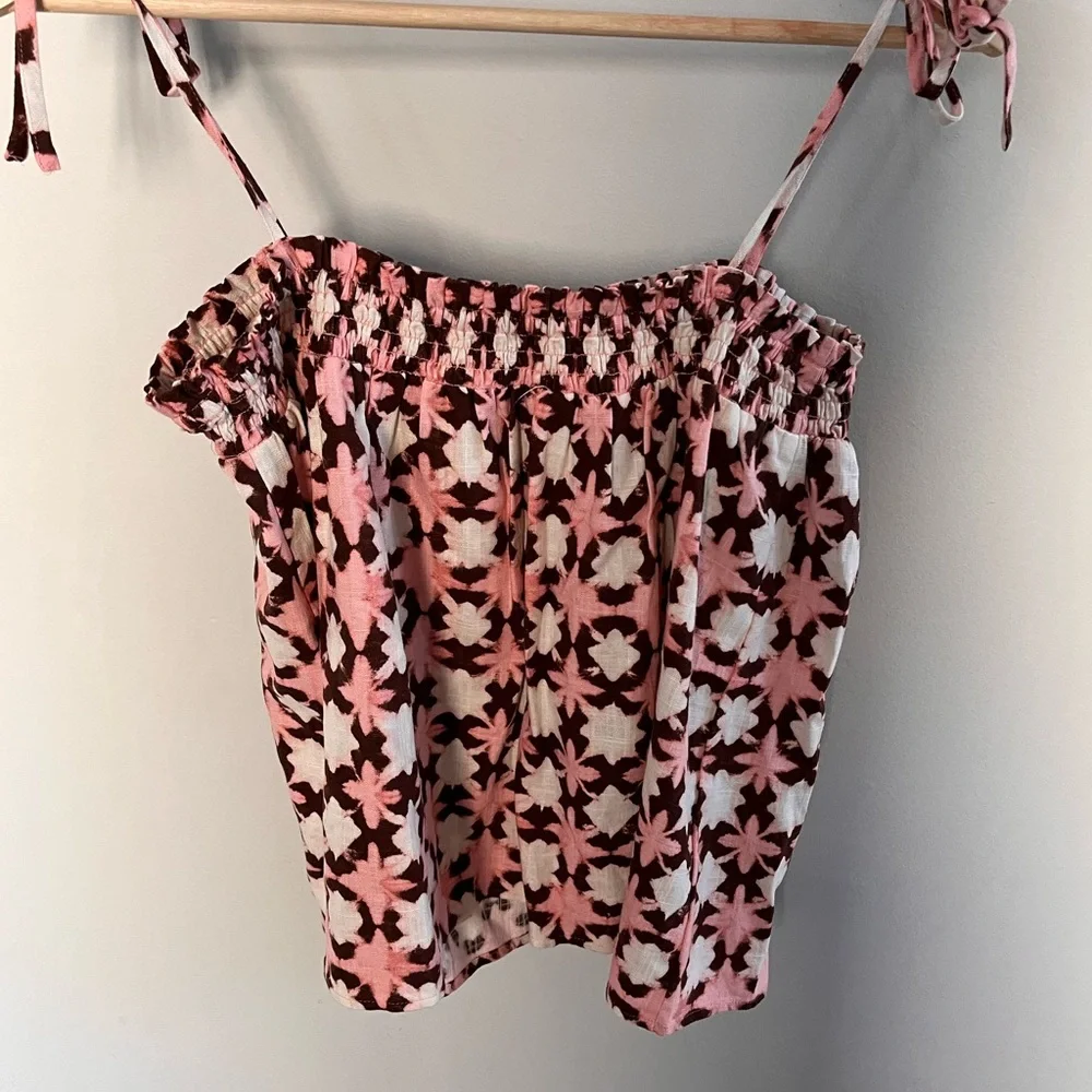 Loft Pink‎ Brown Geometric Ikat Print Tie Strap Cami Top Linen Blend NWT Medium